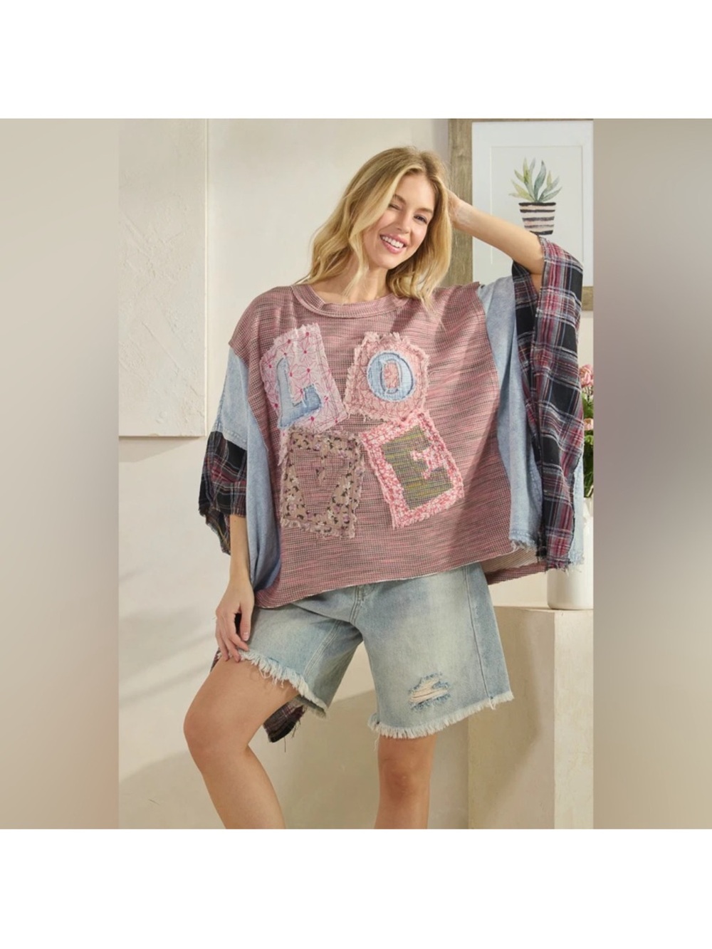 Oli & Hali Rose Patchwork 'LOVE' Oversized Pullover Poncho with Mixed-Sleeves